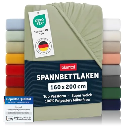 Blumtal® 2er Set Spannbettlaken 160x200x30cm aus Microfaser - Oekotex zertifiziertes Bettlaken Spannbettlaken in Light Olive Green - Grün