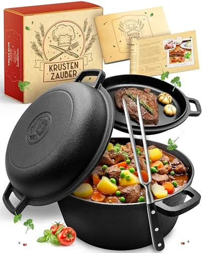 KRUSTENZAUBER Gusseisen Topf 26cm inkl. Fleischgabel - Pfannen - Robuster Gusseisen Bräter für perfekte Kochergebnisse und vielseitig einsetzbar, ideal für Gas, Elektro, Induktion und offenes Feuer.