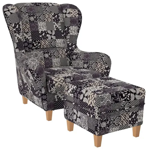 Supellex Ohrensessel Sofia Relaxsessel mit Hocker – Flora Dunkelgrau Beige gemustert - Eleganter Ohrensessel mit hochwertigem Microvelours-Bezug und einzigartigem Patchwork-Design. Ideal für stilvolle Akzente in jedem Raum. Hohe Qualität, außergewöhnlicher Komfort und pflegeleicht.