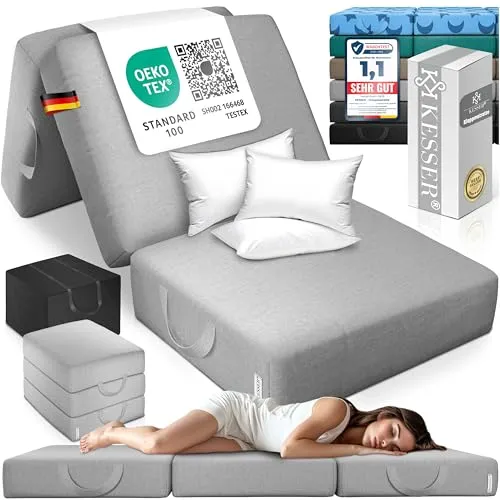 KESSER Klappmatratze 15cm hoch - Multifunktionale Gästematratze - KESSER Klappmatratze, 3-fach faltbar und bis 110 kg belastbar. Ideal als Schlafgelegenheit oder Sitzhocker, mit abnehmbarem, waschbarem Bezug und wasserabweisender Tragetasche für einfachen Transport.
