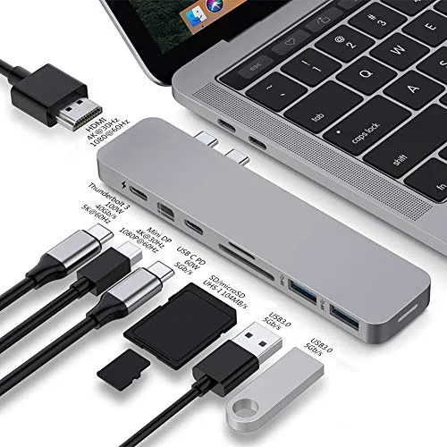 HyperDrive USB C Hub 8-in-2 Sanho MacBook Pro Hub with HDMI Mini Displayport Thunderbolt 3 USB-C 3.0 Power Delivery SD/Micro SD Card Reader USB C Dongle for MacBook Pro 2020 2019 Gray