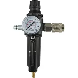 Druckminderer für Pump Master - Hochwertiger Druckminderer für Pump Master, ausgestattet mit Manometer (0–12 bar) und Kupplungsstecker. Ideal für den professionellen Einsatz in der Pneumatik.