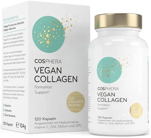 COSPHERA Vegane Kollagen Hyaluron 120 Kapseln - Nahrungsergänzungsmittel mit Vitamin C, Biotin und Zink für Anti-Aging und Hautgesundheit. Ideal für vegane Lebensweise, fördert Haar, Haut und Nägel.