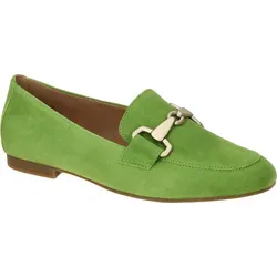 Gabor 45.211 Damenschuhe - elegante Slipper in Grün mit Goldakzenten - Slipper & Loafer aus hochwertigem Veloursleder, mit komfortablem Blockabsatz und edler Horsebit-Applikation für ein stilvolles Auftreten.