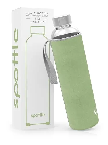 spottle Trinkflasche aus Glas 1l - Glasflasche 500ml - 750ml - 1 liter mit Neoprenhülle - Schutzhülle - Glastrinkflasche mit Schraubverschluss (Pistachio, 750 ml)