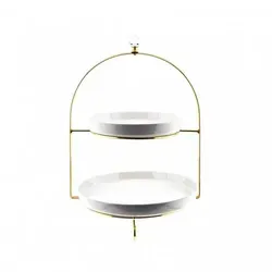 Almina Dekoetagere aus Edelstahl in Gold mit Porzellan Tellern - Elegante 2-stöckige Dekoetagere für stilvolle Präsentationen, ideal für Partys und besondere Anlässe.