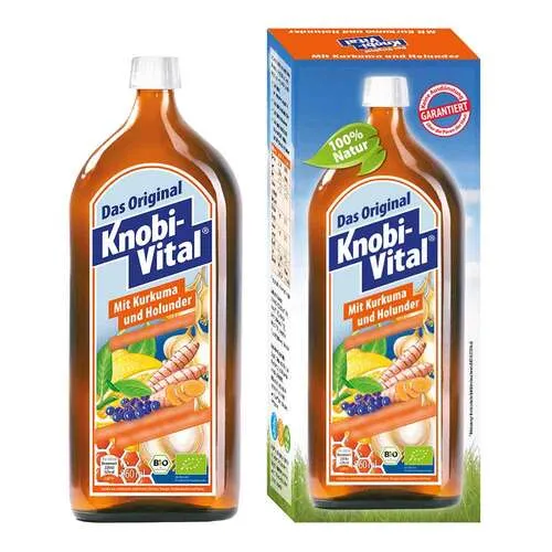 Knobivital mit Kurkuma und Holunder Bio Flüssigkeit 960 ml - Spezialitäten: 100% natürliches Getränk mit hochkonzentriertem Knoblauchsaft, Kurkuma und Holunder, unterstützt den Blutdruck und ist laktose- sowie glutenfrei.