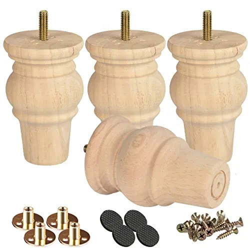 Btowin 10cm Holz Möbelfüße, 4 Stück Unfinished Round Spindel Massivholz Tischbeine Kugelfüße mit M8 Bolzen & Montageplatten & Schrauben für Sofa Couch Stuhl Ottomane Schrank Liebessitz