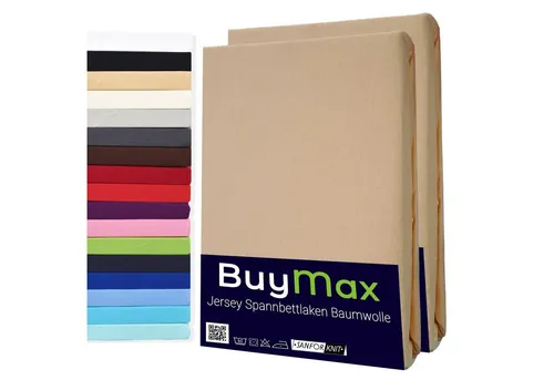 Buymax Spannbettlaken 2-er Set, Doppelpack, Bettlaken, Jersey 100% Baumwolle, Gummizug: rundum, (2 Stück), Pflegeleicht und Atmungsaktiv in Verschiedenen Farben und Größen
