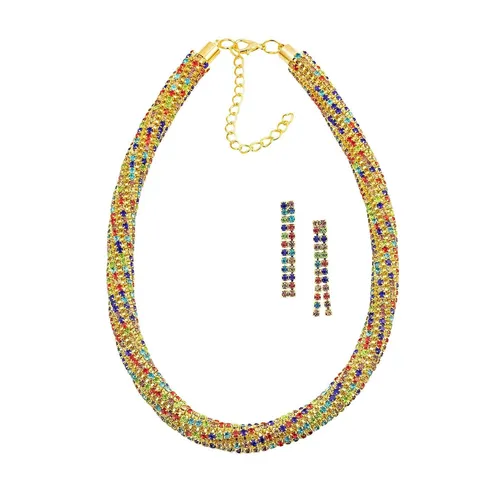 Steuer Mode Collier Kette Ohrring Ohrhänger Metall gelb glanz Glas Stein multi