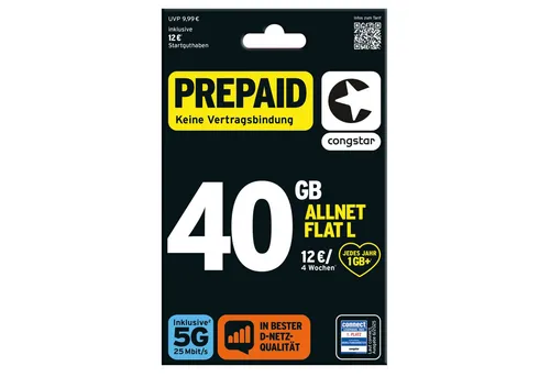 Congstar Prepaid Allnet L Karte mit 40GB - Prepaid ohne Vertragslaufzeit: Genieße 40GB Datenvolumen während der Black Week! Telefonieren und SMS in alle deutschen Netze mit Allnet Flat. Flexibel kündbar, ideal für Vielfahrer.