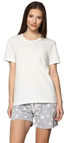 Merry Style Damen Schlafanzug Zweiteiler Pyjama Kurz aus Baumwolle Pyjama Set MS10-177 (Melange Sterne/Cream, L)
