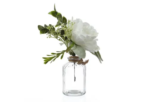 Kunstblumenstrauß Pfingstrose und Hortensie in Mini Glasvase Blumenvase Kunstblumen weiß, MARELIDA, Höhe 20 cm