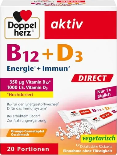 Doppelherz B12 + D3 DIRECT - Hochdosiert mit 350 ?g Vitamin B12 und 1000 I.E. Vitamin D3 - Vitamin B12 Präparate mit praktischen Micro-Pellets für schnelle Einnahme ohne Flüssigkeit - ideal für unterwegs und zur Unterstützung des Immunsystems.