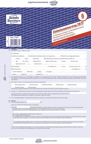 2873 Einheitsmietvertrag - Wohnungen und Häuser, DIN A4, mit Übergabeprotok 2873
