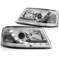 VW T5 Scheinwerfer LED Tagfahrlicht Chrom 03-09 - Frontscheinwerfer in Chrom-Optik mit LED Tagfahrlicht für VW T5 Bj. 04/2003 - 08/2009, inklusive integriertem Blinker und E-Prüfzeichen für einfache Montage.