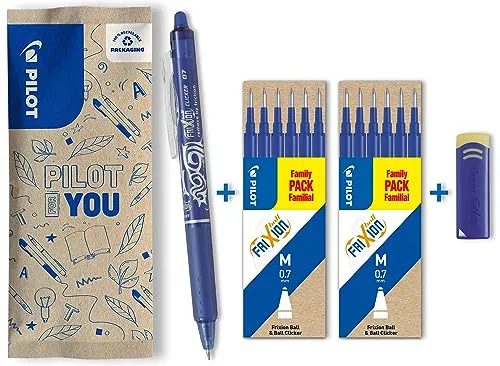 PILOT FriXion Clicker 0.7 – 1 Stift/12 Minen/1 Radierer – Farbe Blau – Radierbarer, nachfüllbarer Gel-Tintenroller mit Druckmechanik und thermosensitiver Tinte, mittlere Spitze