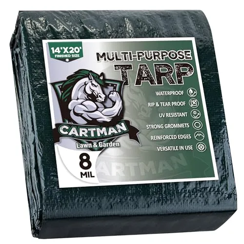 CARTMAN Finished Size 14x20 Feet Waterproof Green Tarp 8 Mil Thick, Multipurpose Protective Cover for Emergency Rain Shelter Camping Tarpaulin