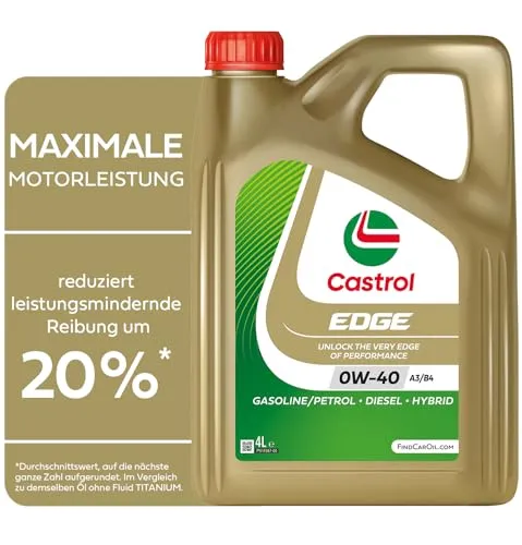 Castrol EDGE 0W-40 A3/B4 Motoröl, 4L - Starker Schutz unter Druck - Motoröl der Kategorie Motoröle mit patentierter Fluid-TITANIUM-Technologie für maximalen Schutz und Leistung, empfohlen von führenden Automobilherstellern.
