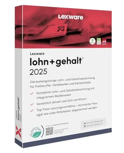 Lexware lohn+gehalt 2025, Basis, Minibox - Einfache Lohn- und Gehaltsabrechnung - Office-Programme für Kleinunternehmen, ideal für die Abrechnung von bis zu 50 Mitarbeitern mit intuitiver Benutzeroberfläche und GKV-zertifizierter Software.