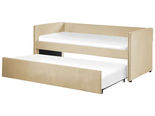 Tagesbett für 2 Personen Samt beige 90x200 cm ausziehbar Troyes - Elegantes Tagesbett für Erwachsene in Beige, aus hochwertigem Samt, bietet Platz für zwei Personen. Mit einem ausziehbaren Design und einem stilvollen Kopfteil ist es ideal für jedes Schlafzimmer.