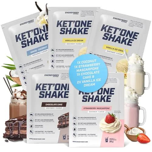 Energybody® KET'ONE Keto Shake Probierpaket 5x20g - Protein Pulver für die Ketogene Ernährung - mit MCT Pulver & Molkenproteinisolat - reich an essentiellen Aminosäuren & BCAAs