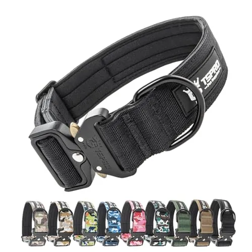 TSPRO Tactical Dog Collar Military Strong Metal Buckle Collar Adjustable Training Dog Collar with Flag Patch, Medium, schwarz