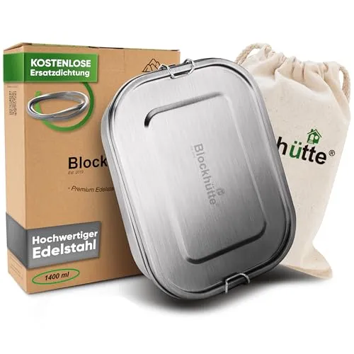 Blockhütte Premium Edelstahl Brotdose 1400ml - Auslaufsicher & Umweltfreundlich - Lunch-Box aus Edelstahl mit 1400ml Volumen, auslaufsicher und kinderleicht zu reinigen. Inklusive Austauschdichtung und 2 Trennwänden für perfekte Organisation.
