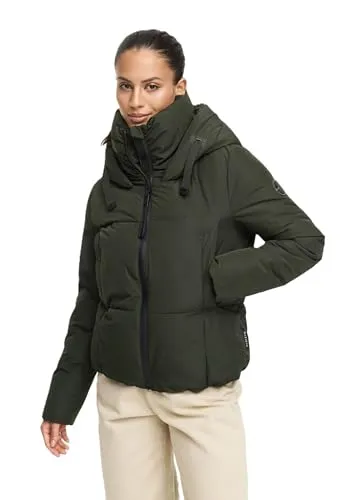 MARIKOO Damen Winterjacke N086 - Fleece-Innenfutter, Kapuze, DarkOlive M - Wärmende Winterjacke mit leicht wattiertem Obermaterial und kuscheligem Fleece. Optimaler Wetterschutz dank großer Kapuze und hoch schließendem Kragen. Praktische Taschen für sicheren Stauraum. Bequemer Sitz durch elastischen Saum.