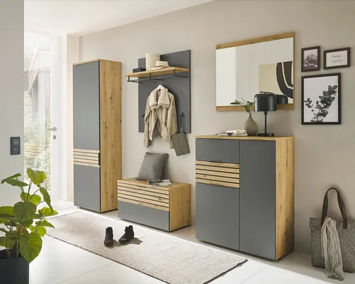 Moderne 5tlg. Garderobe MILAN in Artisan Eiche Nb. und Grau - Drohnen - Hochwertige 5-teilige Garderobe mit viel Stauraum und zeitgemäßem Design, ideal für einen stilvollen Flur.