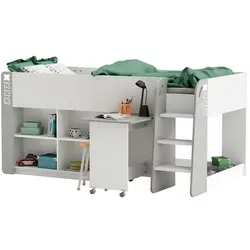 Hochbett Hampton mit Schreibtisch und Regal 90x200 - Betten & Bettgestelle, inkl. Schreibtisch auf Rollen und 4 Regalfächern, ideal für platzsparendes Wohnen in Kinderzimmern.