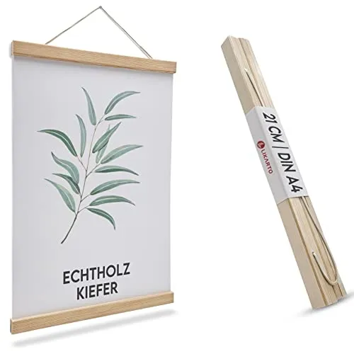 LIKARTO Premium-Posterleiste Holz Kiefer A4 | 21 cm - Hochwertige magnetische Bilderleiste aus Echtholz inklusive Lederband - Einfaches Bilder aufhängen