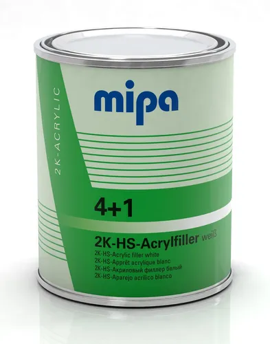 MIPA 4+1 Acrylfiller HS Füller weiss, 1Ltr. - 2K-HS-Füller für Kompakt- und Dickschichtfüllung, ideal für spot-repair ohne Ränderbildung. Ergiebigkeit: 5-6 m²/Liter, Farbe: weiss. Perfekt für präzise Lackierarbeiten!