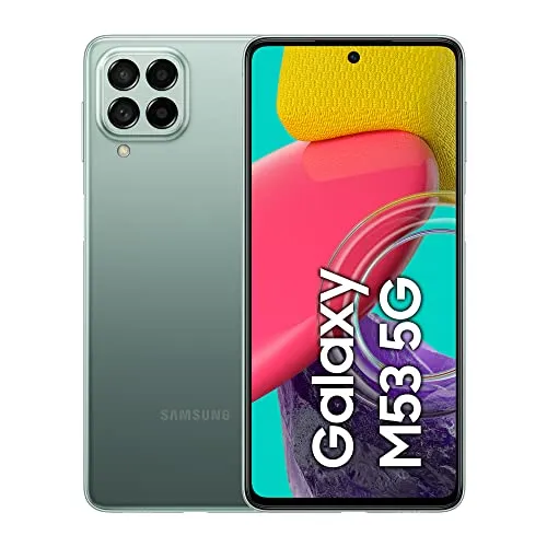 Samsung Galaxy M53 5G Dual SIM 128GB in Grün - Handy mit 6,7 Zoll AMOLED-Display und Quad-Kamera für beeindruckende Fotos, 5G-fähig, ideal für schnelles Surfen und Streaming, ohne Vertrag und SIM-Lock