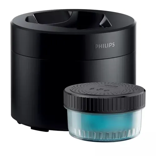 Philips Reinigungsstation QCP10 01 - Schwarz, optimale Hygiene für Rasierer, 10x sauberer als Wasser, inkl. 1 Reinigungskartusche