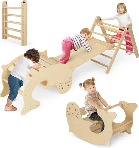 COSTWAY Kletterdreieck mit Rutsche – 7-in-1 Indoor Spielgerüst für Kinder - Vielseitiges Klettergerüst mit 7 Spielbereichen für Kinder von 3 bis 14 Jahren. Fördert spielerisch die Motorik und Koordination. Klappbar und höhenverstellbar für flexiblen Einsatz.