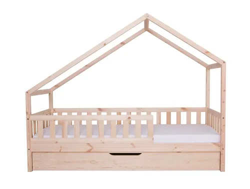 TiCAA Hausbett Lou - Wandelbares Bodenbett für Kinder - Kinderzimmermöbel: Das asymmetrische Hausbett Lou aus Kiefer Massivholz bietet Flexibilität mit anpassbarem Dach und integriertem Rausfallschutz für sicheres Schlafen.