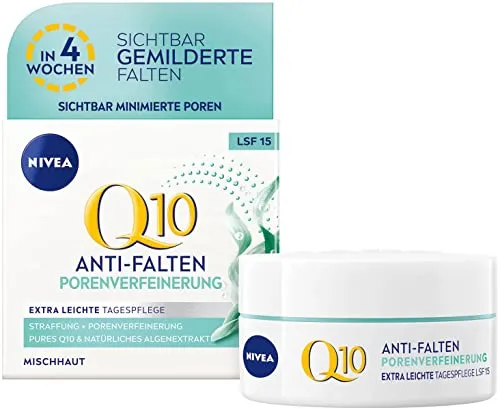 NIVEA Q10 Power Tagescreme - Tagespflege mit Q10 für glattere, jünger aussehende Haut. Bietet 24h Feuchtigkeit, verfeinert das Hautbild und mildert Falten. Ideal für straffe Haut und porenverfeinernd.