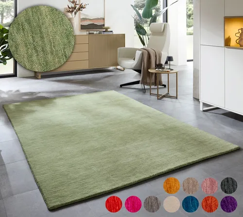 my home Wollteppich Karchau, rechteckig, grün 60x90 cm - Teppich aus 100% reiner Schurwolle, handgewebt und warm, ideal für ein gemütliches Raumklima. Fußbodenheizungsgeeignet und pflegeleicht.