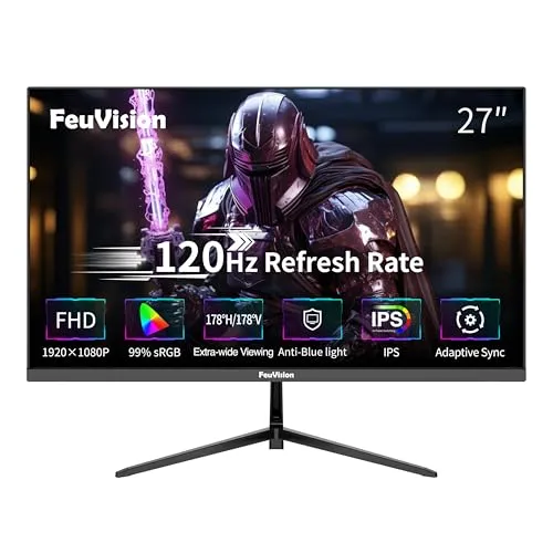 FeuVision 27 Zoll Monitor, 120Hz, FHD 1080p, IPS Panel, Gaming Monitor, 4ms, Adaptive-Sync, VESA montierbar, Eye-Care, Rahmenlos Bildschirm, Blaulichtfilter, HDMI, VGA (PS5 unterstützt 60 Hz)