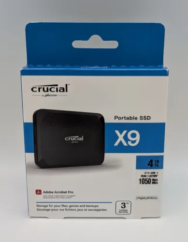 Crucial X9 4TB Portable SSD Festplatte - Externe Festplatte mit bis zu 1050MB/s, robust und stoßsicher, ideal für PC, Mac und Konsolen - speichern Sie Ihre wichtigen Dateien sicher und schnell.