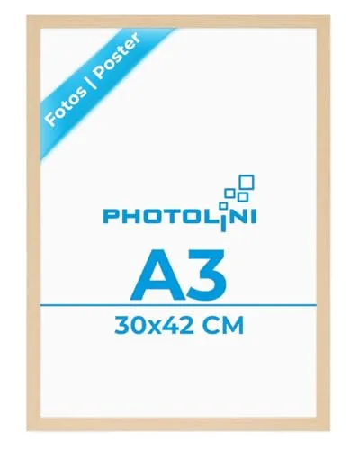 PHOTOLINI Bilderrahmen A3 Holz MDF Natur, A3 Bilderrahmen 30x42 Holz MDF, DIN A 3 Rahmen mit Acrylglas, Picture Frame 42x30 zum Aufhängen, Rahmen 42 x 30 mit Zubehör für DINA3 Fotos & Poster