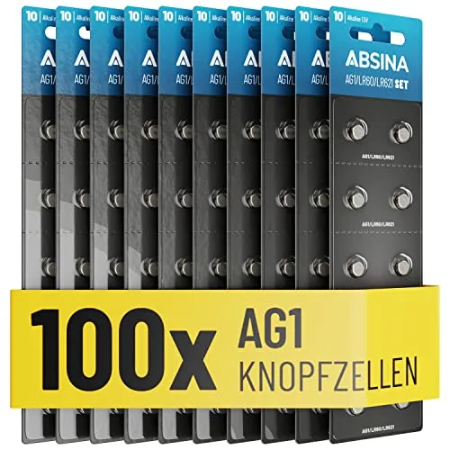 ABSINA AG1 LR621 Knopfzelle 100er Pack - 1,5V Alkaline Knopfzellen auslaufsicher & mit Langer Haltbarkeit - LR60 / SR60 / 1175S0 / 164/602 / 364 / V30 / SR621 - Knopfbatterien Batterien Batterie