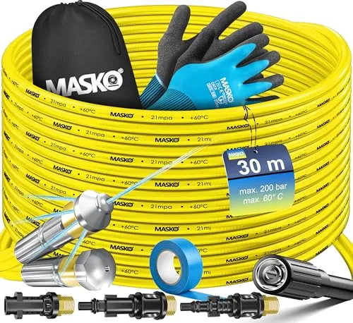 MASKO® Premium Rohrreinigungsschlauch Set – 200 bar, inkl. Tasche, 3 Adapter, 2 Düsen, kompatibel mit Kärcher K2-K7 - Praktisches Rohrreinigungsschlauch Set für effektive Abflussreinigung. Hoher Druck von 200 bar, ideal für hartnäckige Verstopfungen. Mit mehreren Düsen und Adaptern für vielseitigen Einsatz und einfache Handhabung.