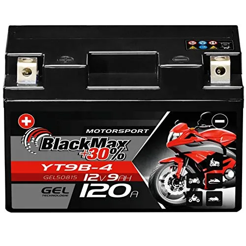 BlackMax YT9B-4 Motorradbatterie 12V 8Ah - Motorradbatterie GEL 12V 8Ah für Yamaha YZF-R6, hohe Startleistung und wartungsfrei, ideal für Rennmaschinen und anspruchsvolle Bedingungen.