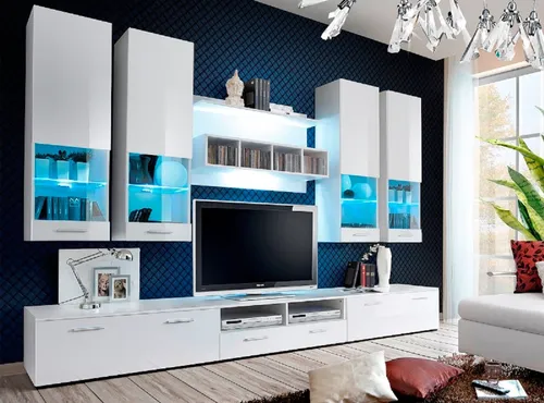 ASM-Möbel Wohnwand DORADE mit Hochglanz Fronten und LED-Beleuchtung - Moderne Wohnwand mit Hängevitrinen und TV-Tisch, inklusive LED-Beleuchtung. Kompakt und stilvoll, ideal für jedes Wohnzimmer. Einfache Selbstmontage mit Anleitung.