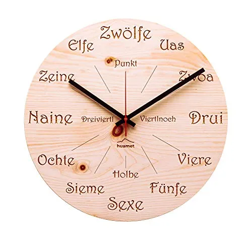 huamet Holz Wanduhr UHRFORM aus Zirbe - Einzigartige Südtiroler Dialektuhr - Wanduhr aus Zirbenholz mit originellen Stundenangaben im Ultner Dialekt, geräuschlos und individuell – ein Meisterstück aus Südtirol für Ihr Zuhause.