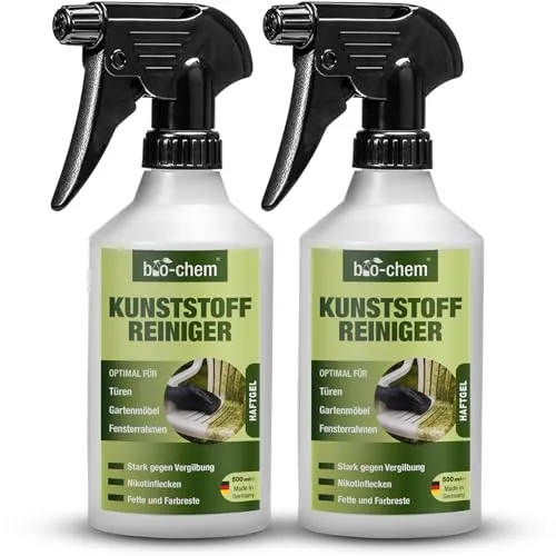 bio-chem Kunststoffreiniger 2x 500 ml | Effektiver PVC-Reiniger für strahlende Sauberkeit - Kraftvoller Kunststoffreiniger für Fensterrahmen, Gartenmöbel und mehr. Entfernt zuverlässig Nikotin, Rauchgerüche und hartnäckige Verschmutzungen – ideal für den Innen- und Außenbereich.