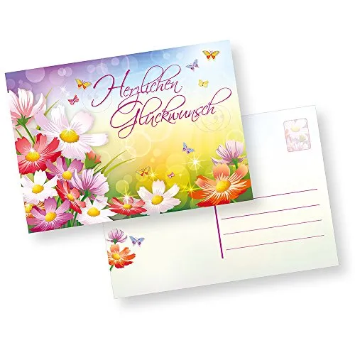 tatmotive Postkarten Herzlichen Glückwunsch (100 Stück) schöne Glückwunschkarten Geburtstagskarten mit Blumen