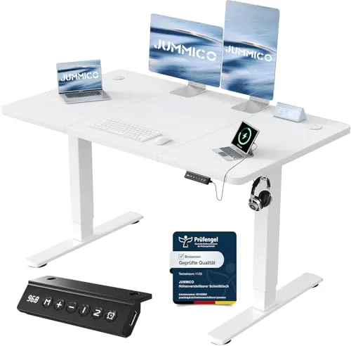 JUMMICO Höhenverstellbarer Schreibtisch mit USB-Ladeanschluss,Schreibtisch Höhenverstellbar Elektrisch 120 x 60 cm, Steh-Sitz Tisch Stehpult Verstellbarer Computertisch,Standing Desk,Weiß